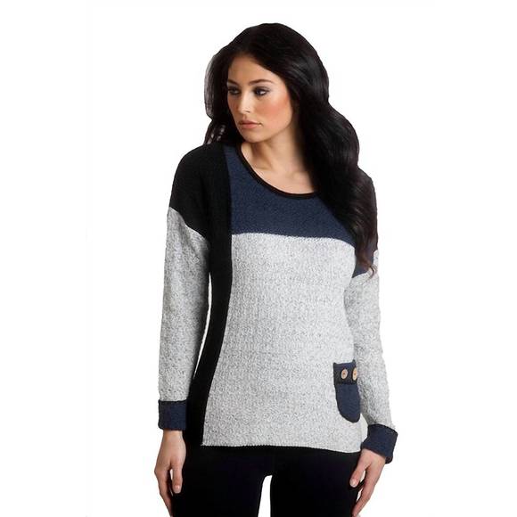 NEW FRENCH KYSS boucle color block crew sweater in slate combo - Picture 3 of 3